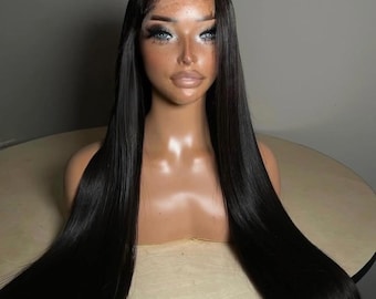 Brazilian black Straight Human Hair Wig: 13x6 HD Lace Front Wig, Bleached Knots Alopecia, cancer, hair loss, drag wig