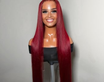 Peluca brasileña de cabello humano liso rojo: encaje frontal de 13x6, nudos decolorados. Alopecia, cáncer, caída del cabello, peluca de arrastre.