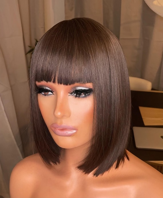 Dark Brown Bob Wig With Bangs: Synthetic Hair, 12 Inch  display picture 1