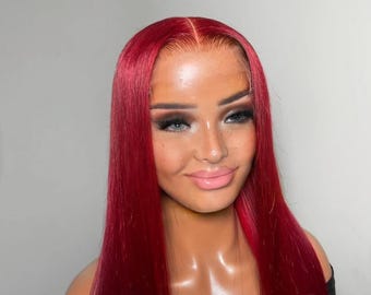 Red Straight Brazilian Human Hair Wig: 13x6 Lace Front, Bleached Knots Alopecia, cancer, hair loss, drag wig