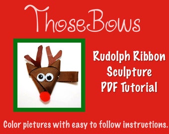 Download instantâneo Tutorial em PDF de arco de cabelo com escultura de fita Rudolph