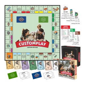 May include: A custom board game set titled Customplay Custom Edition featuring a game board with a central photo of two adults and a dog, game money, cards, and a box. The board includes spaces for custom text, Chance, and Bingo, with a red banner.