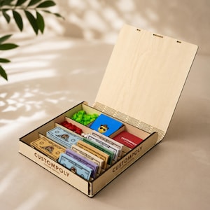 Könnte beinhalten: Eine Spieleschachtel aus hellem Holz mit offenem Deckel, die Innenfächer mit Stapeln von Spielgeld mit der Aufschrift CUSTOM MONEY, kleinen roten und grünen Kunststoff-Spielfiguren sowie einer blauen Karte mit einem Emoji mit Sonnenbrille enthält.