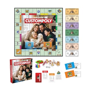 May include: A Customopoly family edition board game set featuring a game board with a central photo of a family and a puppy, colorful game pieces, dice, custom paper money in denominations of 1, 5, 10, 20, 50, 100, and 500, and game cards.