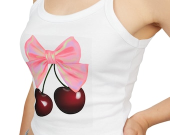 Cherries With Bows Spaghetti Strap Tank Top, Cherry Bow Crop Tank