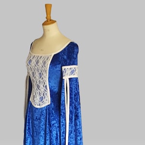 May include: A long blue velvet gown with white lace detailing on the bodice and sleeves. The gown has a long train and is fitted at the waist.