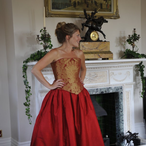 Branwyn, a Custom Made Medieval, Pre-Rapaelite Style Corset and Skirt in Silk and Damask