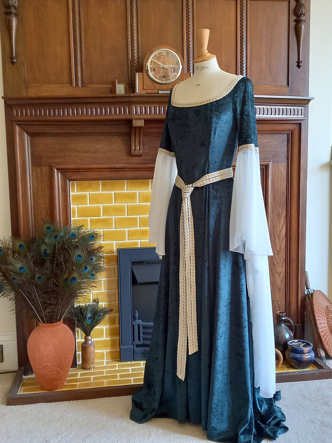 blue medieval wedding dress Dark Blue 1940s Boat Neck Stripe Dress