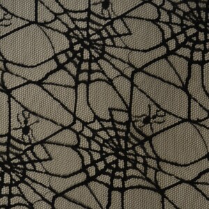 May include: Black spiderweb lace fabric with a subtle texture. The fabric has a repeating pattern of spiderwebs with small spiders in the corners.