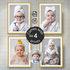 May include: Four framed prints showing babies in bathroom scenes. One baby has shaving cream and glasses, another brushes their teeth, a third plays in a bubble bath with a rubber duck, and the last one is on the toilet reading a newspaper. The prints are in gold frames.
