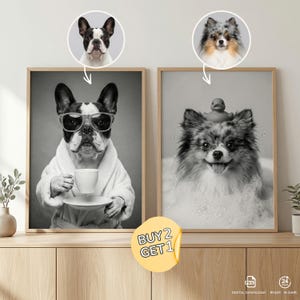 Retrato de perro personalizado, arte divertido para el baño, perro personalizado usando el inodoro con periódico