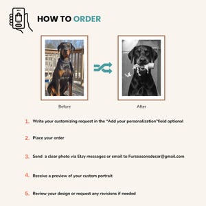 Dog in toilet custom art from photo, before and after transformation showing pet photo turned into funny toilet scene portrait
