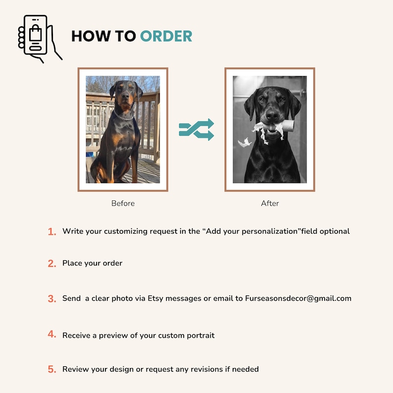 Dog in toilet custom art from photo, before and after transformation showing pet photo turned into funny toilet scene portrait