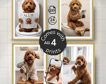 Funny Bathroom Art Pets – Custom Dog in Toilet with Newspaper