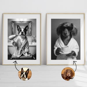 Before and after custom funny pet portrait in toilet, original dog photo transformed into personalized dog bathroom art with toilet humor style