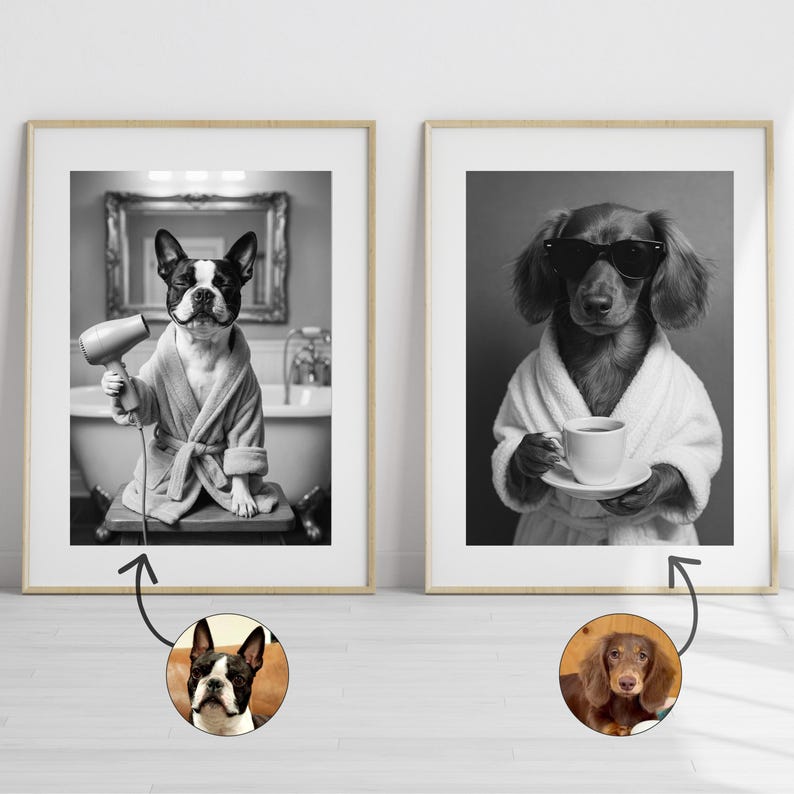 Before and after custom funny pet portrait in toilet, original dog photo transformed into personalized dog bathroom art with toilet humor style