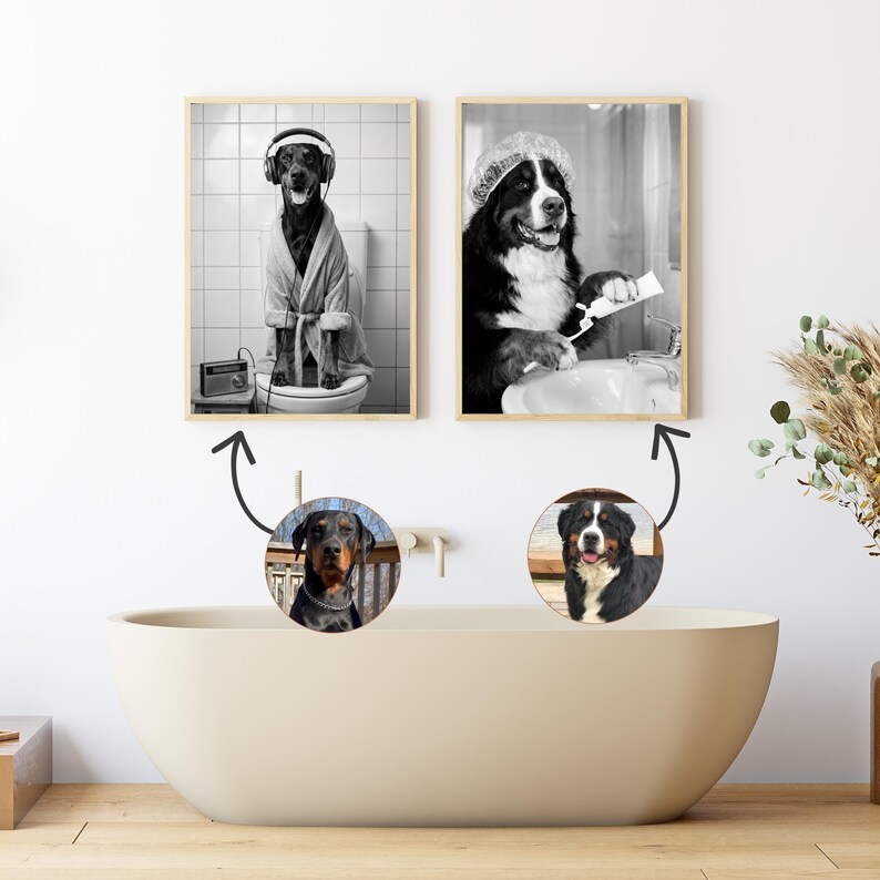 Custom funny dog portrait in toilet and bathroom sink, personalized pet toilet art set with humorous dog bathroom scenes
