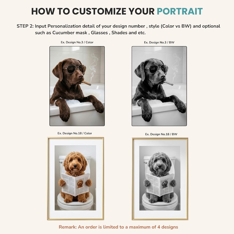 Example of Funny dog toilet portrait design into color and BW styles