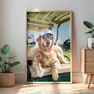 Golden retriever golfkar kunst, grappige hond digitale muur print, dopamine decor voor golfers, coole huisdier poster downloaden, golfcadeau voor hem