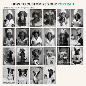 Funny dog toilet portrait design options, custom pet portrait in bathroom scenes including dog in bathtub, toilet, robe, and toilet humor styles