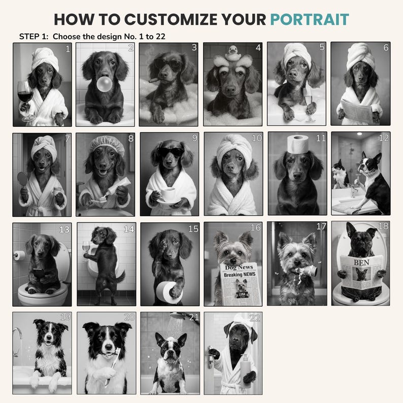 Funny dog toilet portrait design options, custom pet portrait in bathroom scenes including dog in bathtub, toilet, robe, and toilet humor styles
