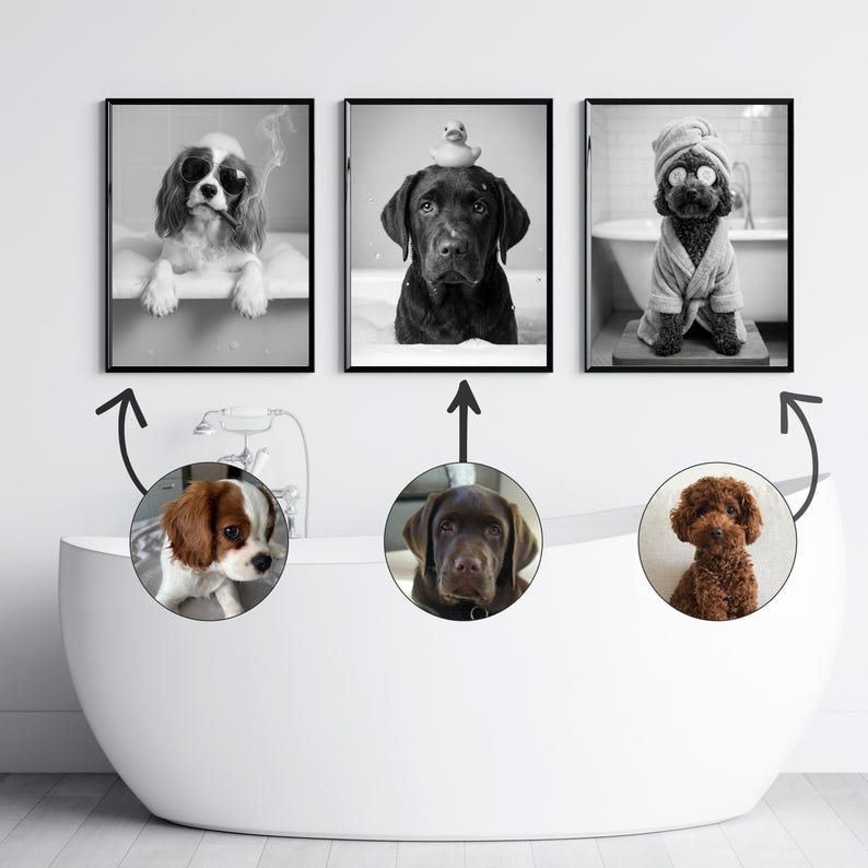 Funny pet bathroom wall art gallery featuring custom dog portraits in toilet and bathtub, humorous pet bathroom decor for modern home
