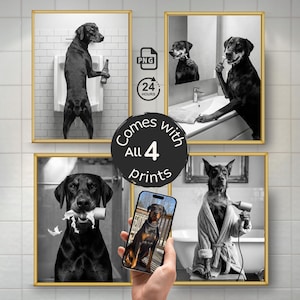 Funny dog in toilet bathroom portrait set, custom pet bathroom wall art featuring a dog standing at toilet, brushing teeth, and grooming, personalized dog in toilet art from photo