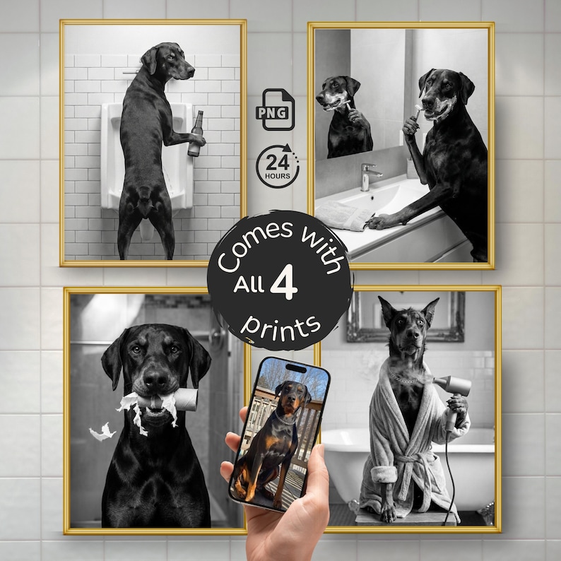 Funny dog in toilet bathroom portrait set, custom pet bathroom wall art featuring a dog standing at toilet, brushing teeth, and grooming, personalized dog in toilet art from photo