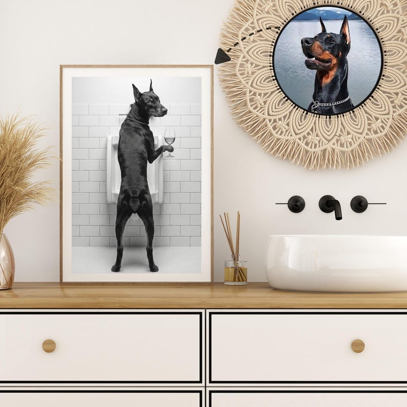 Custom funny dog portrait in toilet, realistic black and white bathroom wall art showing a dog standing at a toilet, personalized pet bathroom art from photo