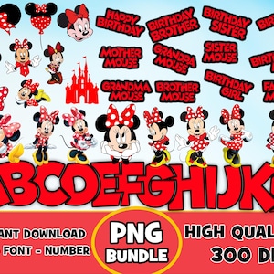 May include: A set of red and white Minnie Mouse themed alphabet letters, numbers, and birthday party decorations. The letters are in a bold, cartoon font. The decorations include a variety of phrases like "Happy Birthday", "Birthday Brother", and "Birthday Sister".