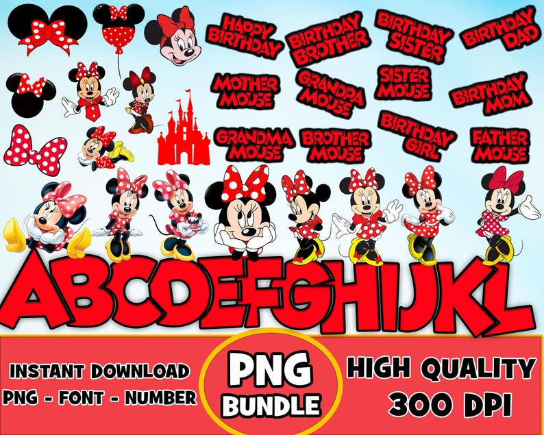 K&ouml;nnte beinhalten: Ein Set aus roten und wei&szlig;en Buchstaben, Zahlen und Geburtstagsdekorationen zum Thema Minnie Mouse. Die Buchstaben sind in einer fetten, Comic-Schriftart gehalten. Die Dekorationen beinhalten verschiedene S&auml;tze wie "Happy Birthday", "Geburtstag Bruder" und "Geburtstag Schwester".