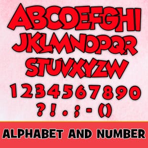 K&ouml;nnte beinhalten: Rote Alphabet- und Zahlen Schriftart mit schwarzen Umrissen. Die Buchstaben und Zahlen sind in einem fetten, Cartoon-Stil.