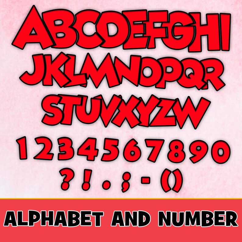 K&ouml;nnte beinhalten: Rote Alphabet- und Zahlen Schriftart mit schwarzen Umrissen. Die Buchstaben und Zahlen sind in einem fetten, Cartoon-Stil.