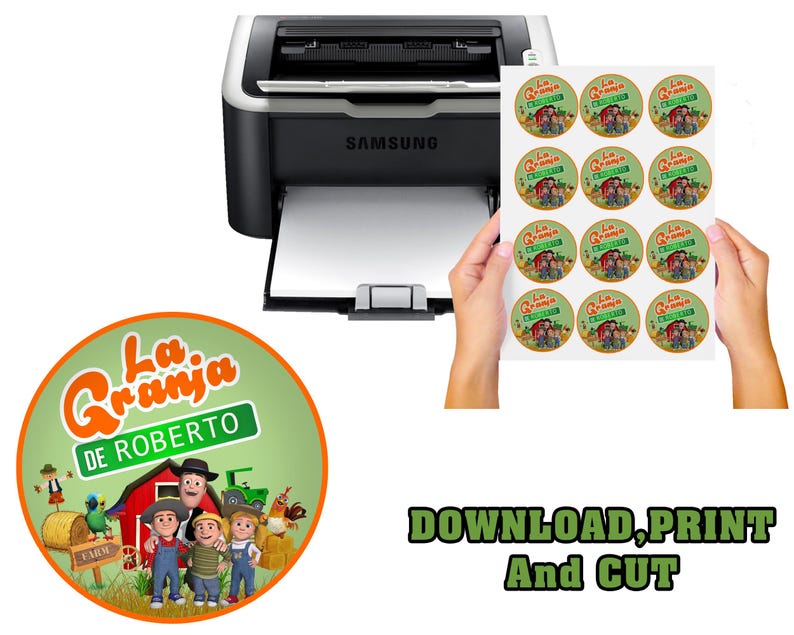 May include: A sheet of circular stickers with a farm theme, featuring the text "La Granja de Roberto", is held near a printer. The stickers have a green background and show cartoon characters, a red barn, and a tractor. The text "DOWNLOAD, PRINT And CUT" is also visible.