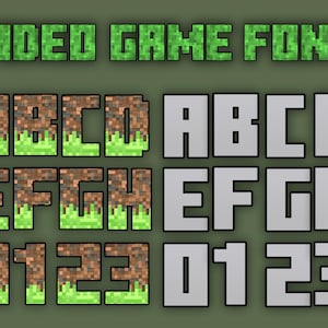 May include: A pixelated font set with letters A-H and numbers 0-3. The letters and numbers are in two styles: one with a brown dirt background and green grass, and one with a gray background.