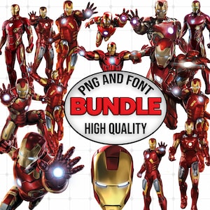 Könnte beinhalten: Eine digitale Sammlung mit verschiedenen Posen des rot-goldenen Iron Man-Anzugs, einschließlich Ganzkörperansichten und einer Nahaufnahme des Helms. Ein zentrales weißes Oval enthält den schwarz-roten Text: PNG AND FONT BUNDLE HIGH QUALITY.