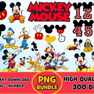 May include: A set of Mickey Mouse themed digital clipart images. The set includes Mickey Mouse characters, numbers 1-6, and the words "Mickey Mouse".