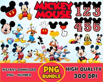 Paquete PNG de Mickey Mouse: Fuentes, números y diseños de cumpleaños (archivo digital)