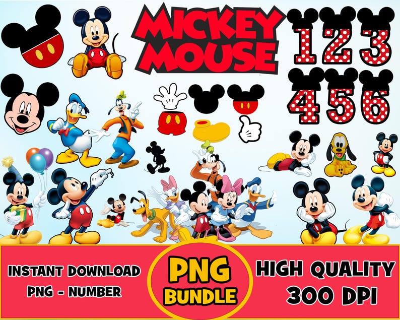Puede incluir: Un conjunto de im&aacute;genes digitales de clipart con tem&aacute;tica de Mickey Mouse. El conjunto incluye personajes de Mickey Mouse, los n&uacute;meros del 1 al 6 y las palabras "Mickey Mouse".