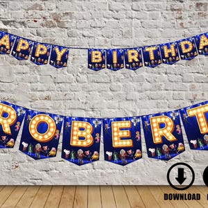 May include: Blue and yellow birthday banner with the words "Happy Birthday" and "Robert" on it. The banner features characters from the animated film Sing 2.