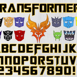 May include: A graphic design featuring the word "TRANSFORMER" in bold black letters with a yellow outline. Below the word are various character logos in different colors, along with the alphabet, numbers, and symbols.