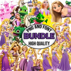 K&ouml;nnte beinhalten: Ein digitales Grafikpaket mit mehreren Illustrationen einer langhaarigen Figur in einem violetten Kleid, einem gr&uuml;nen Cham&auml;leon, einem wei&szlig;en Pferd und einem rosa Schloss. Die Mitte enth&auml;lt den Text PNG AND FONT BUNDLE HIGH QUALITY.