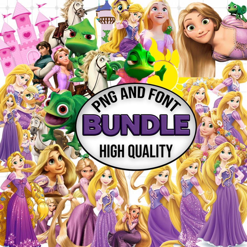 K&ouml;nnte beinhalten: Ein digitales Grafikpaket mit mehreren Illustrationen einer langhaarigen Figur in einem violetten Kleid, einem gr&uuml;nen Cham&auml;leon, einem wei&szlig;en Pferd und einem rosa Schloss. Die Mitte enth&auml;lt den Text PNG AND FONT BUNDLE HIGH QUALITY.