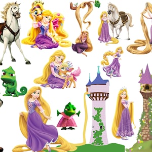 K&ouml;nnte beinhalten: Eine Sammlung von Aufklebern mit Charakteren und Elementen aus dem Animationsfilm Rapunzel, darunter Rapunzel mit langem blonden Haar im violetten Kleid, Flynn Rider, das wei&szlig;e Pferd Maximus, das Cham&auml;leon Pascal und T&uuml;rme.