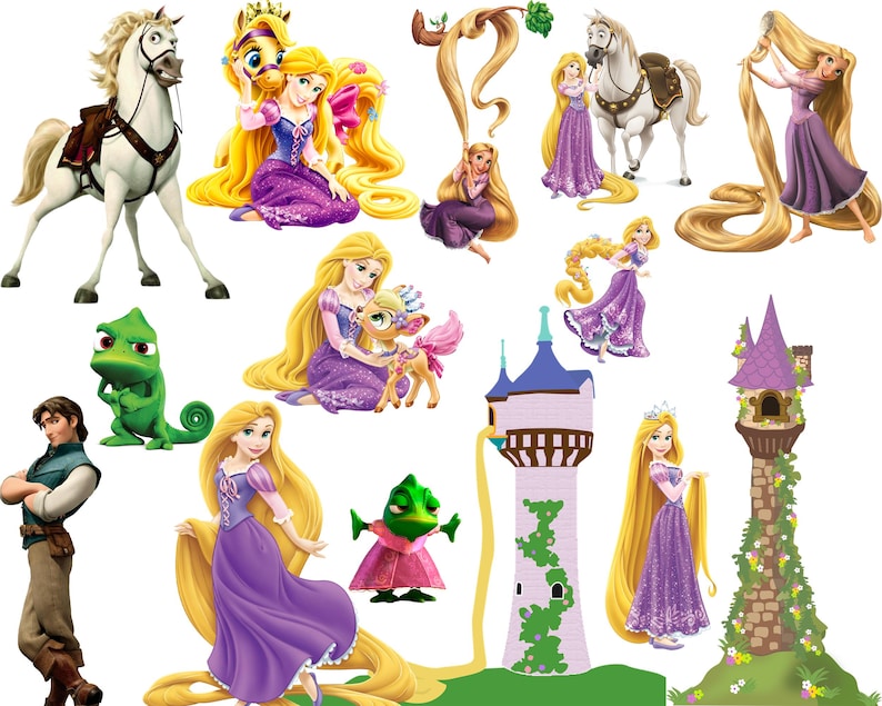 K&ouml;nnte beinhalten: Eine Sammlung von Aufklebern mit Charakteren und Elementen aus dem Animationsfilm Rapunzel, darunter Rapunzel mit langem blonden Haar im violetten Kleid, Flynn Rider, das wei&szlig;e Pferd Maximus, das Cham&auml;leon Pascal und T&uuml;rme.