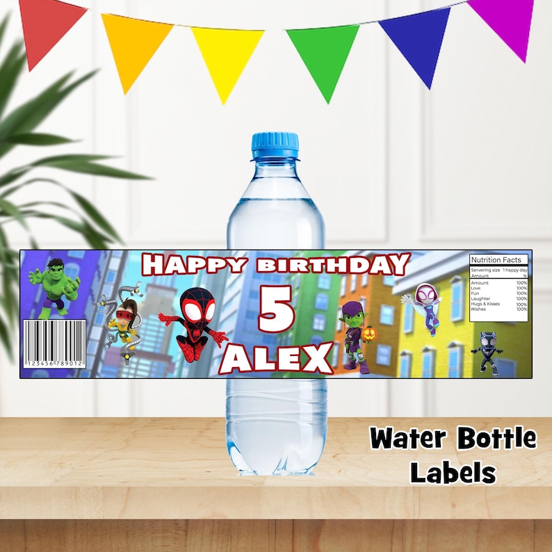 May include: Water bottle label featuring a colorful cartoon city scene with superheroes. The label says "Happy Birthday 5 Alex" and includes a barcode.