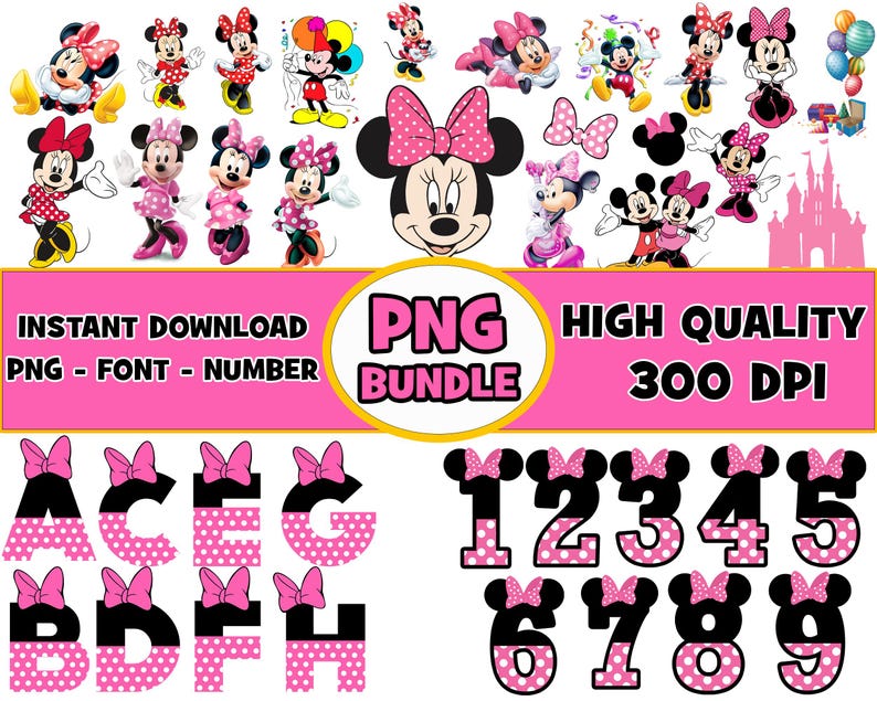 May include: A digital clipart bundle featuring a cartoon mouse character with pink polka dots. The bundle includes letters, numbers, and images of the mouse character in various poses. The text "INSTANT DOWNLOAD PNG - FONT - NUMBER BUNDLE PNG HIGH QUALITY 300 DPI" is displayed at the bottom of the image.