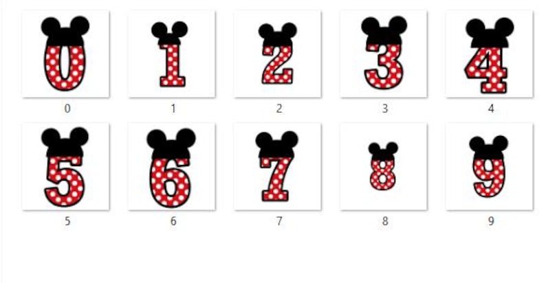 Puede incluir: Diez im&aacute;genes de n&uacute;meros con tem&aacute;tica de Mickey Mouse, cada uno con un patr&oacute;n de lunares rojos y blancos y orejas negras. Los n&uacute;meros son del 0 al 9.