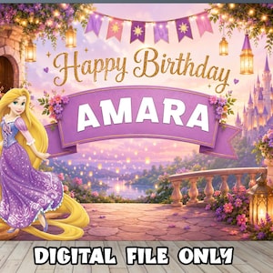 May include: A digital birthday backdrop featuring a cartoon character with long blonde hair in a purple dress, a purple banner with the name AMARA, the text Happy Birthday, a stone balcony, hanging lanterns, and a castle in the background.