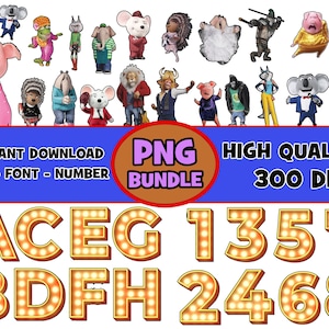 May include: A set of 300 DPI high-quality PNG images featuring a variety of cartoon characters, including animals, people, and objects. The images are perfect for creating digital crafts, scrapbooking, and other creative projects. The set includes letters A-H and numbers 1-8 in a light bulb style font.